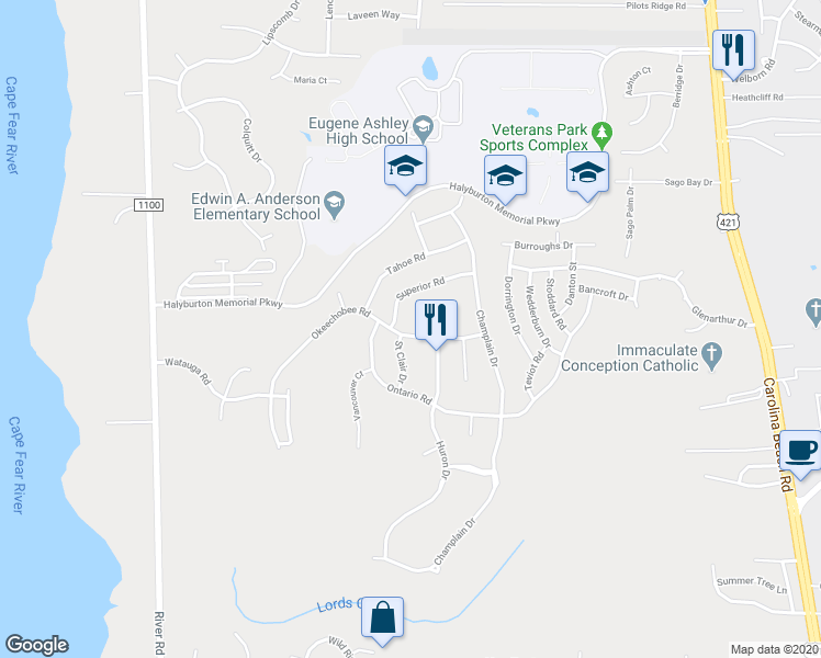 map of restaurants, bars, coffee shops, grocery stores, and more near 417 Okeechobee Road in Wilmington