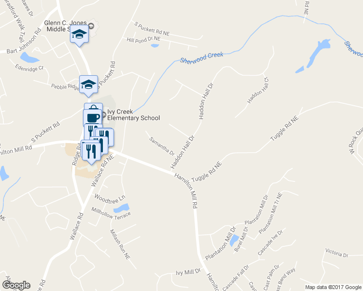 map of restaurants, bars, coffee shops, grocery stores, and more near 3270 Haddon Hall Drive in Buford