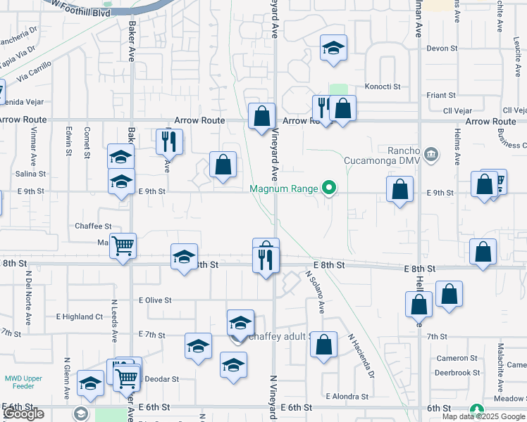 map of restaurants, bars, coffee shops, grocery stores, and more near 9th Street in Rancho Cucamonga