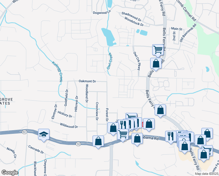 map of restaurants, bars, coffee shops, grocery stores, and more near 5774 Forest Drive in Acworth