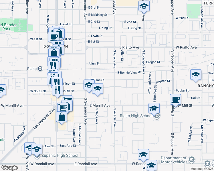 map of restaurants, bars, coffee shops, grocery stores, and more near 426 East South Street in Rialto
