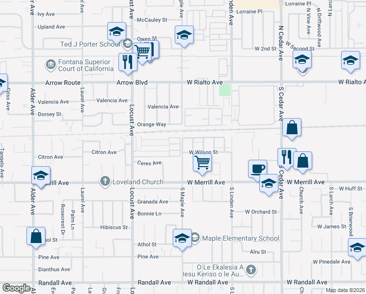 map of restaurants, bars, coffee shops, grocery stores, and more near 347 South Maple Avenue in Rialto