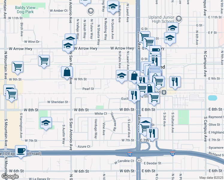 map of restaurants, bars, coffee shops, grocery stores, and more near 101 Wiseman Way in Upland