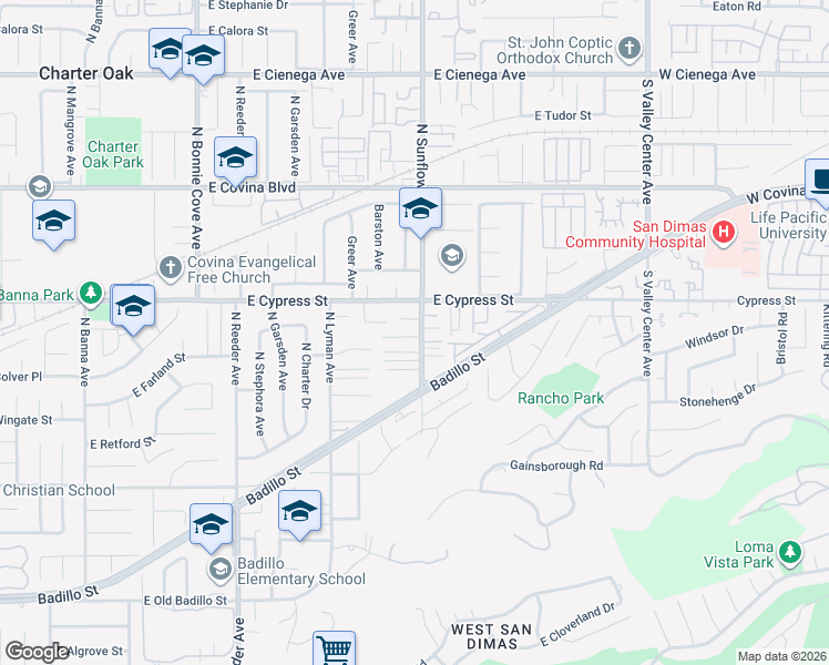 map of restaurants, bars, coffee shops, grocery stores, and more near 4516 North Sunflower Avenue in Covina