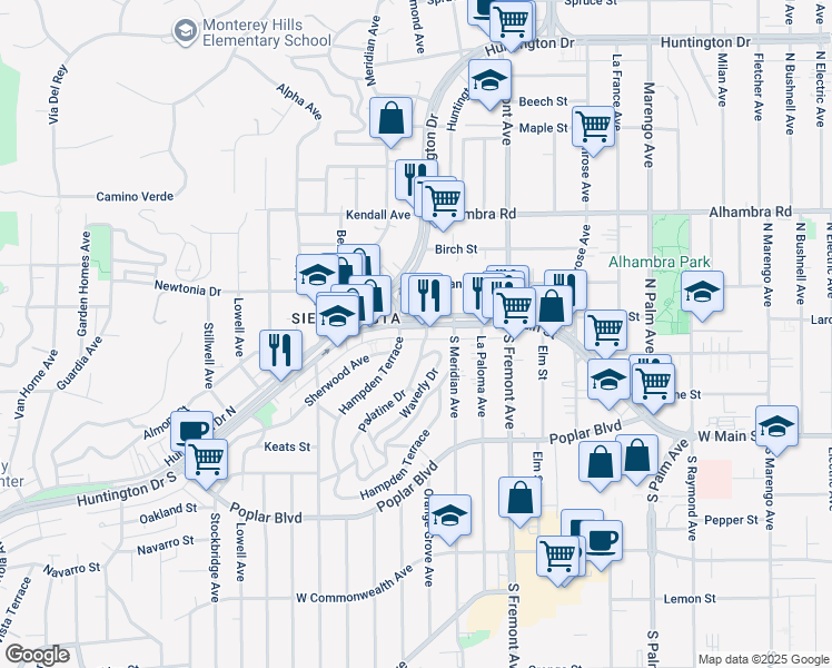 map of restaurants, bars, coffee shops, grocery stores, and more near 2834 West Main Street in Alhambra