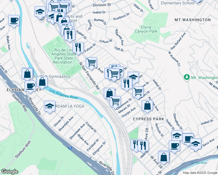map of restaurants, bars, coffee shops, grocery stores, and more near 2656 Granada Street in Los Angeles