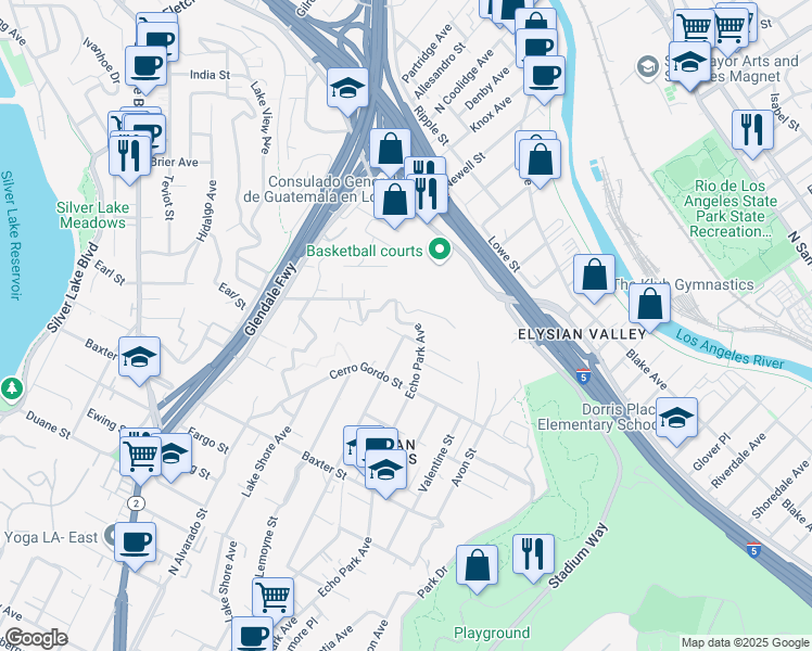map of restaurants, bars, coffee shops, grocery stores, and more near 2420 Echo Park Avenue in Los Angeles