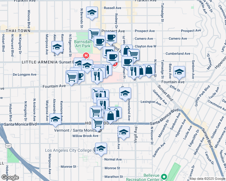 map of restaurants, bars, coffee shops, grocery stores, and more near 4633 La Mirada Avenue in Los Angeles