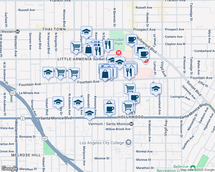 map of restaurants, bars, coffee shops, grocery stores, and more near in Los Angeles