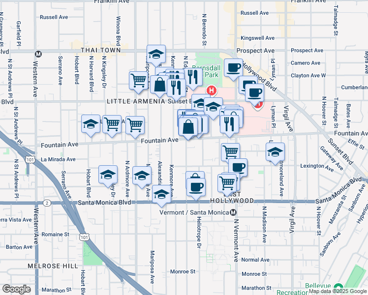 map of restaurants, bars, coffee shops, grocery stores, and more near in Los Angeles