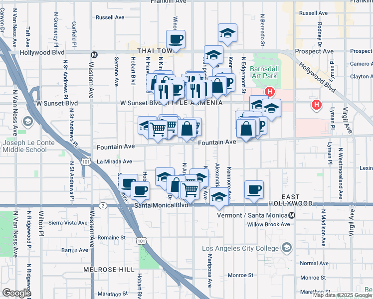 map of restaurants, bars, coffee shops, grocery stores, and more near in Los Angeles