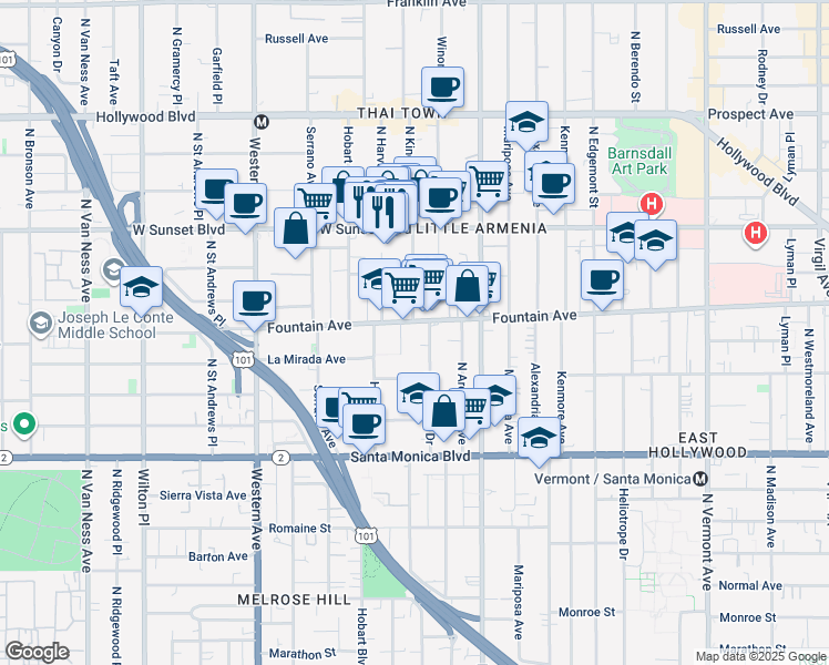 map of restaurants, bars, coffee shops, grocery stores, and more near 5230 North Harvard Boulevard in Los Angeles