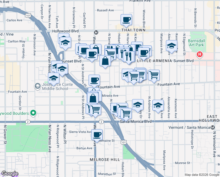 map of restaurants, bars, coffee shops, grocery stores, and more near in Los Angeles