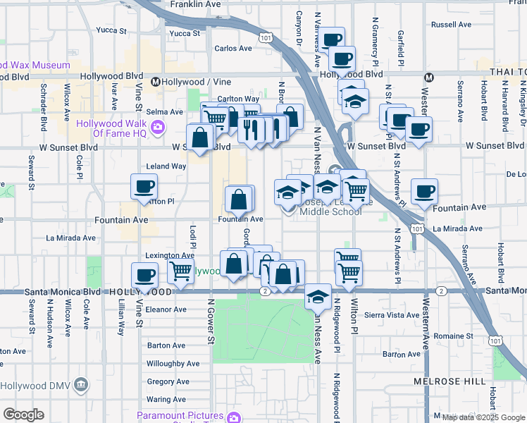 map of restaurants, bars, coffee shops, grocery stores, and more near in Los Angeles