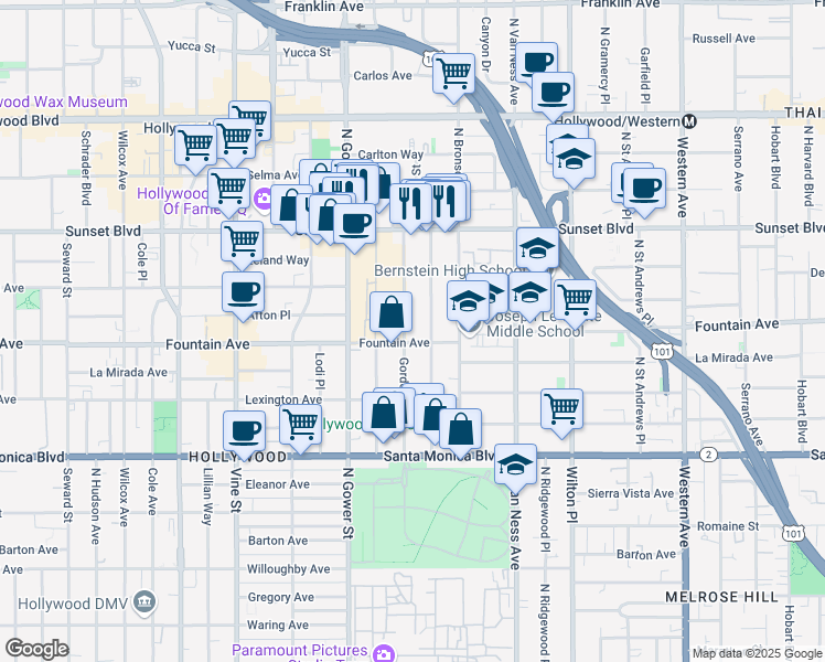 map of restaurants, bars, coffee shops, grocery stores, and more near 1316 1/2 Gordon Street in Los Angeles