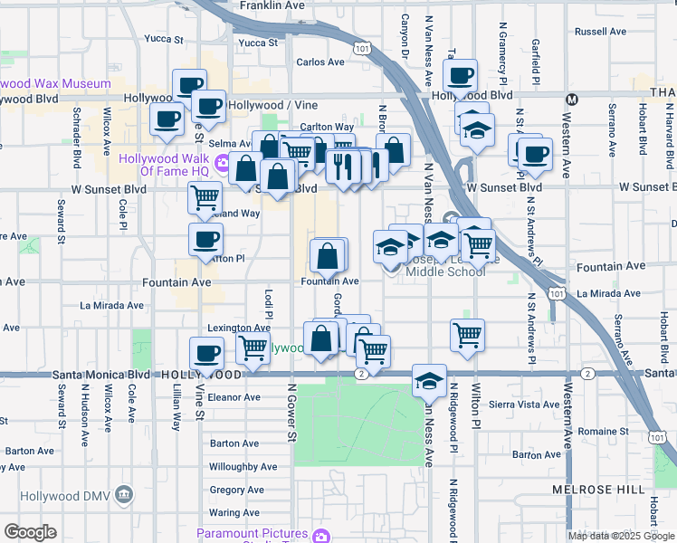 map of restaurants, bars, coffee shops, grocery stores, and more near 1316 1/2 Gordon Street in Los Angeles