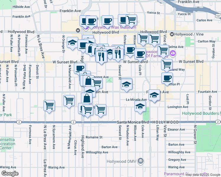 map of restaurants, bars, coffee shops, grocery stores, and more near 1320 North Cherokee Avenue in Los Angeles