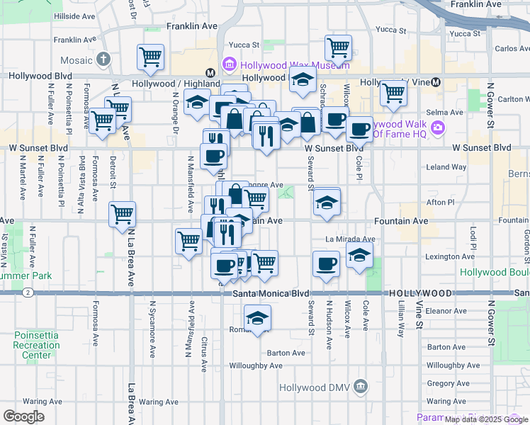 map of restaurants, bars, coffee shops, grocery stores, and more near in Los Angeles