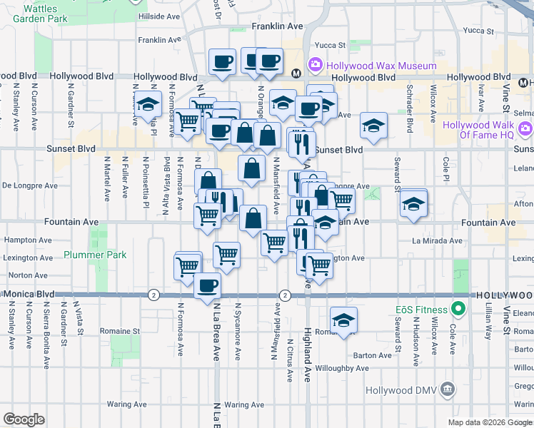 map of restaurants, bars, coffee shops, grocery stores, and more near 1318 North Orange Drive in Los Angeles