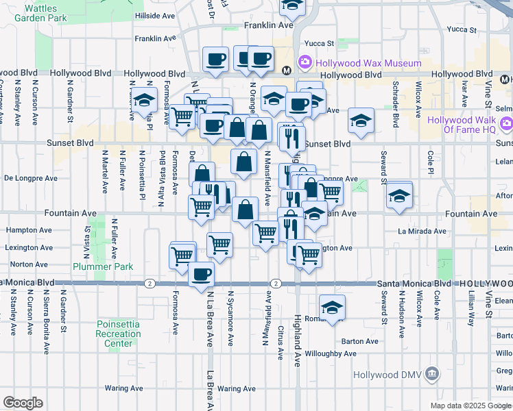 map of restaurants, bars, coffee shops, grocery stores, and more near 1317 North Mansfield Avenue in Los Angeles