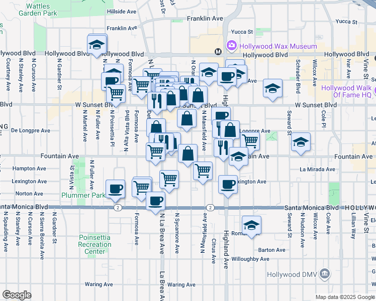 map of restaurants, bars, coffee shops, grocery stores, and more near 1320 North Sycamore Avenue in Los Angeles