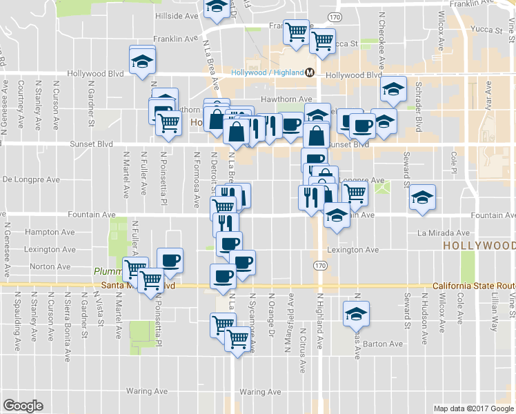 map of restaurants, bars, coffee shops, grocery stores, and more near 1320 North Sycamore Avenue in Los Angeles