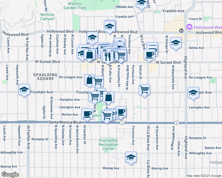 map of restaurants, bars, coffee shops, grocery stores, and more near 1323 North Fuller Avenue in Los Angeles