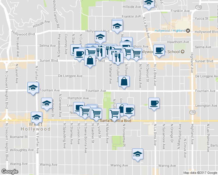 map of restaurants, bars, coffee shops, grocery stores, and more near in West Hollywood