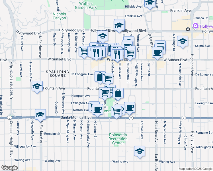 map of restaurants, bars, coffee shops, grocery stores, and more near in West Hollywood