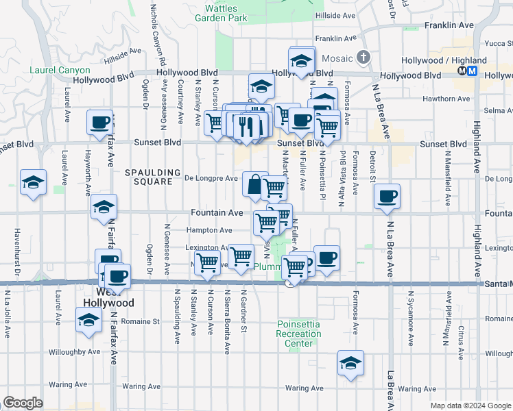 map of restaurants, bars, coffee shops, grocery stores, and more near in Los Angeles