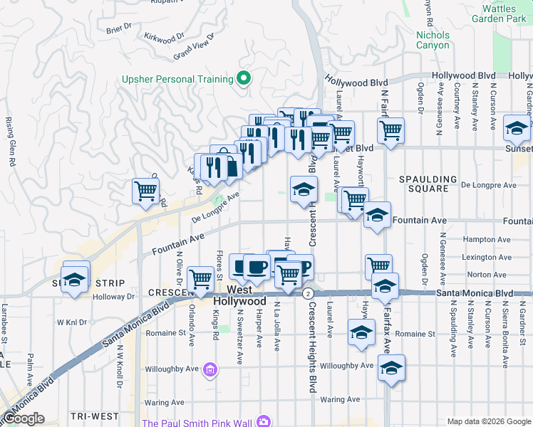 map of restaurants, bars, coffee shops, grocery stores, and more near in West Hollywood
