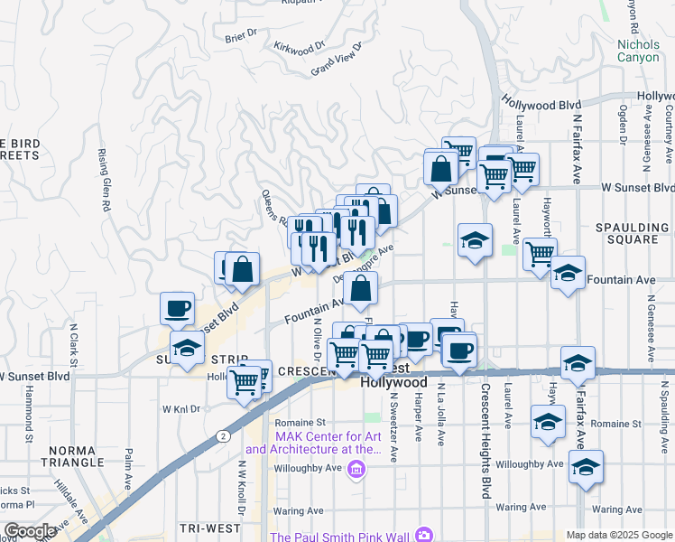 map of restaurants, bars, coffee shops, grocery stores, and more near 8400 Sunset Boulevard in West Hollywood