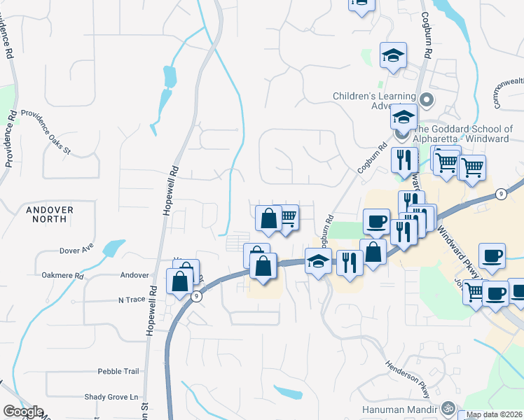 map of restaurants, bars, coffee shops, grocery stores, and more near 2365 Lunetta Lane in Alpharetta