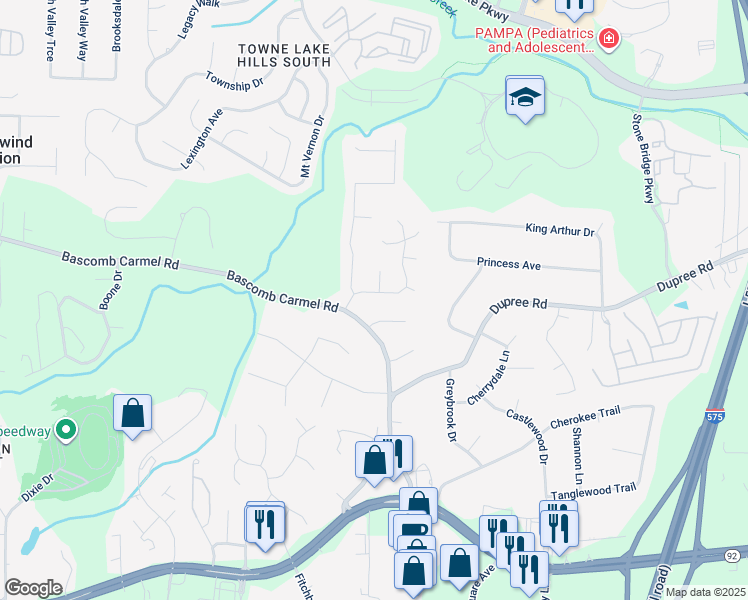 map of restaurants, bars, coffee shops, grocery stores, and more near 108 Hearthstone Drive in Woodstock