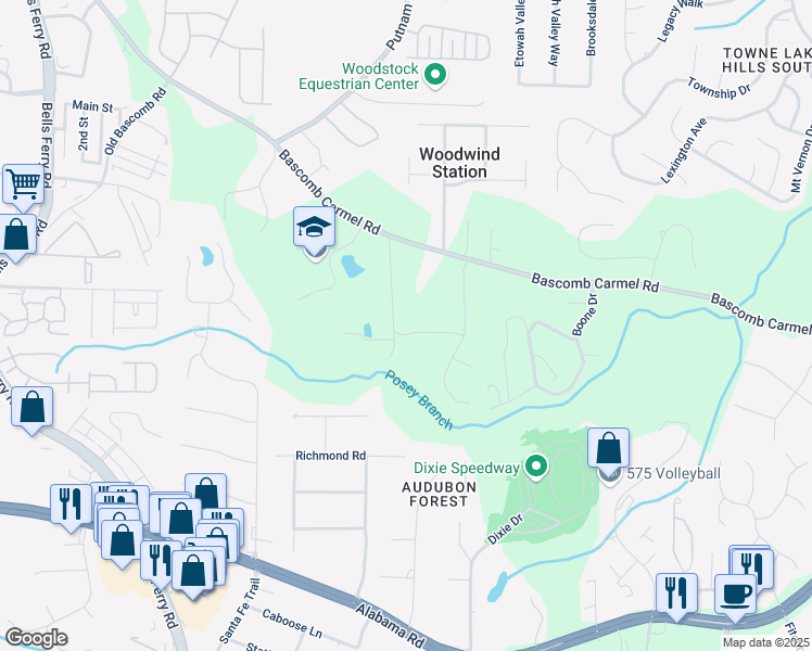 map of restaurants, bars, coffee shops, grocery stores, and more near 3032 Farm Tract Trail in Woodstock