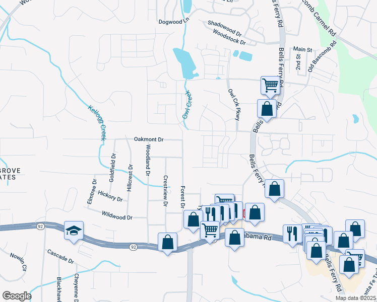 map of restaurants, bars, coffee shops, grocery stores, and more near 5774 Forest Drive in Acworth