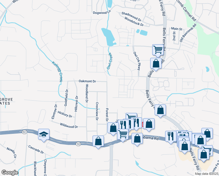 map of restaurants, bars, coffee shops, grocery stores, and more near 5774 Forest Drive in Acworth