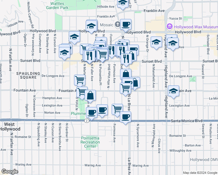 map of restaurants, bars, coffee shops, grocery stores, and more near 1310 North Alta Vista Boulevard in Los Angeles