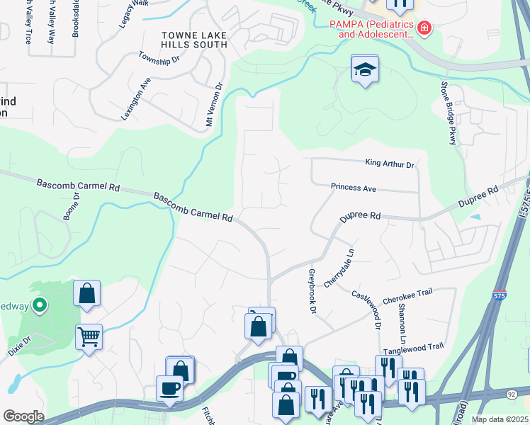 map of restaurants, bars, coffee shops, grocery stores, and more near 108 Hearthstone Drive in Woodstock