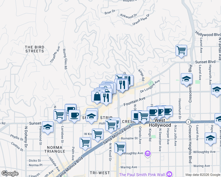 map of restaurants, bars, coffee shops, grocery stores, and more near 1342 Miller Drive in Los Angeles