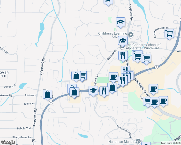 map of restaurants, bars, coffee shops, grocery stores, and more near 530 Cogburn Ridge Way in Alpharetta
