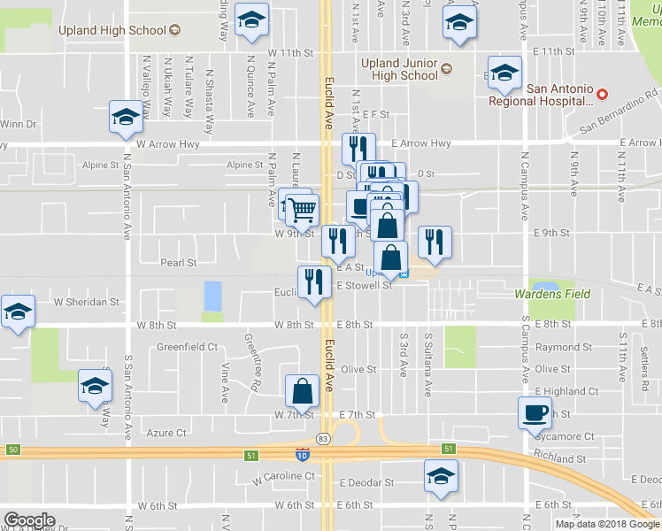 map of restaurants, bars, coffee shops, grocery stores, and more near 56 North Euclid Avenue in Upland