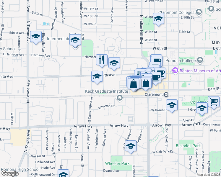 map of restaurants, bars, coffee shops, grocery stores, and more near 749 West 1st Street in Claremont