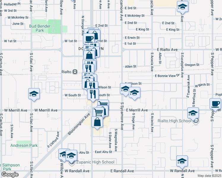 map of restaurants, bars, coffee shops, grocery stores, and more near 219 East Wilson Street in Rialto