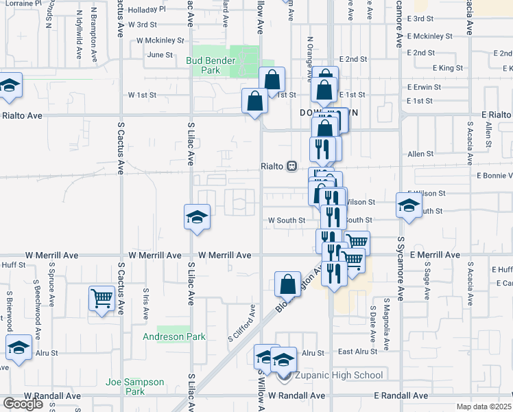 map of restaurants, bars, coffee shops, grocery stores, and more near 350 South Willow Avenue in Rialto