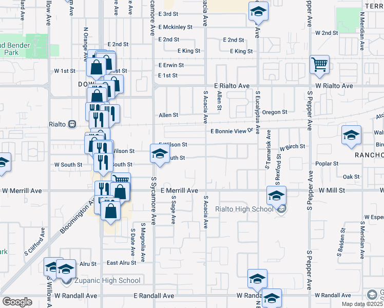 map of restaurants, bars, coffee shops, grocery stores, and more near 426 East South Street in Rialto