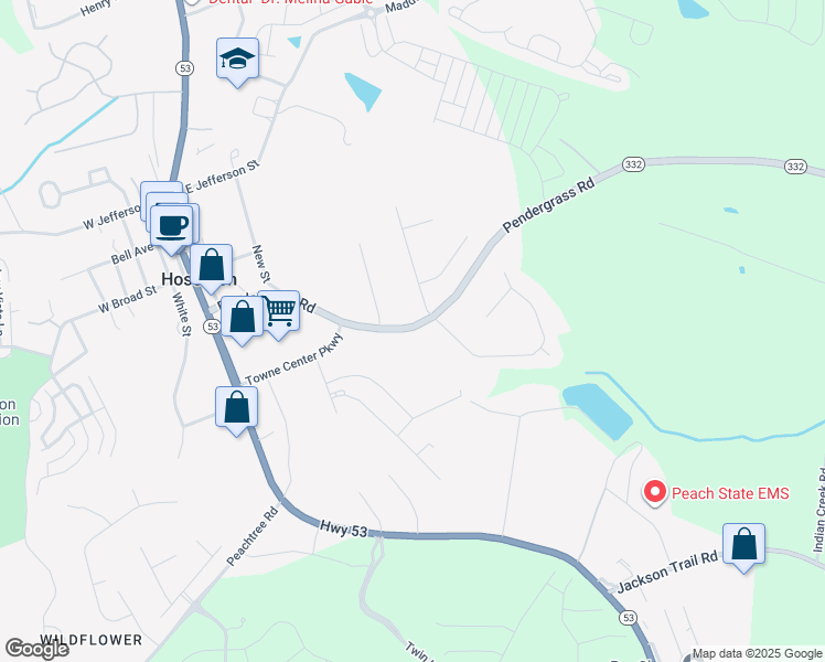 map of restaurants, bars, coffee shops, grocery stores, and more near 8187 Pendergrass Road in Hoschton