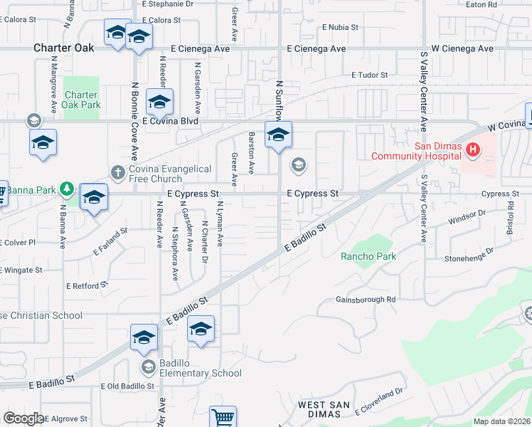 map of restaurants, bars, coffee shops, grocery stores, and more near 833 North Sunflower Avenue in Covina