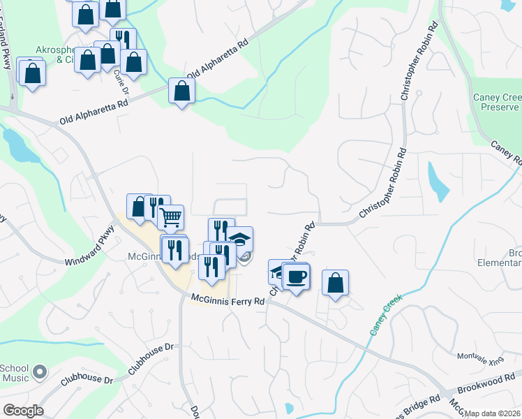 map of restaurants, bars, coffee shops, grocery stores, and more near 1070 Honor Run in Alpharetta