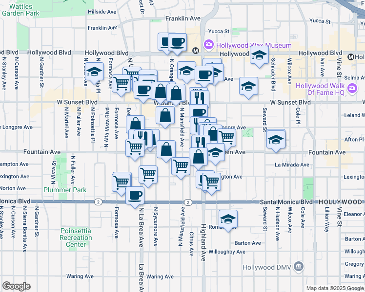 map of restaurants, bars, coffee shops, grocery stores, and more near 1317 North Mansfield Avenue in Los Angeles